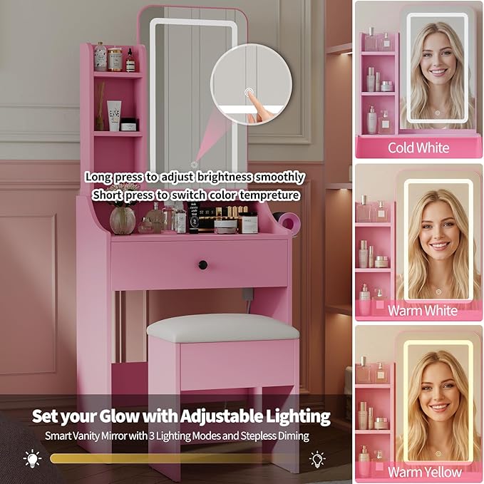 DUMOS Makeup Vanity Desk, Vanity Table Set with Mirror and Lights, Small Vanity with Storage Bench, Charging Station and Hair Dryer Holder, Dressing Table with Drawer and Three Shelves, Pink
