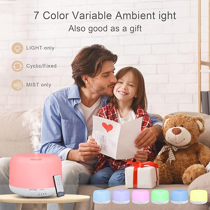 Aromatherapy Diffuser for Essential Oil, 300ml Cool Mist Humidifier with Remote Control, Aroma Diffusers for Home with Waterless Safety Switch & 14 LED Colors White Wood Base