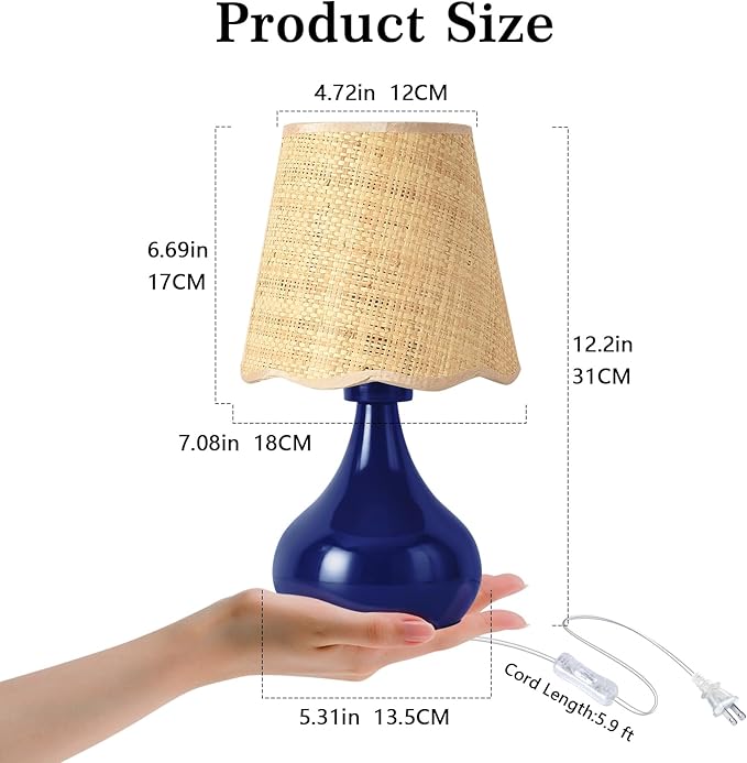 Navy Blue Small Table Lamp, Mini Bedroom Lamps for Bedside Nightstand, Rattan Shade Small Table Lamps for Small Spaces for Kitchen Counter, Bookshelf, Home Office, Living Room, Dorm