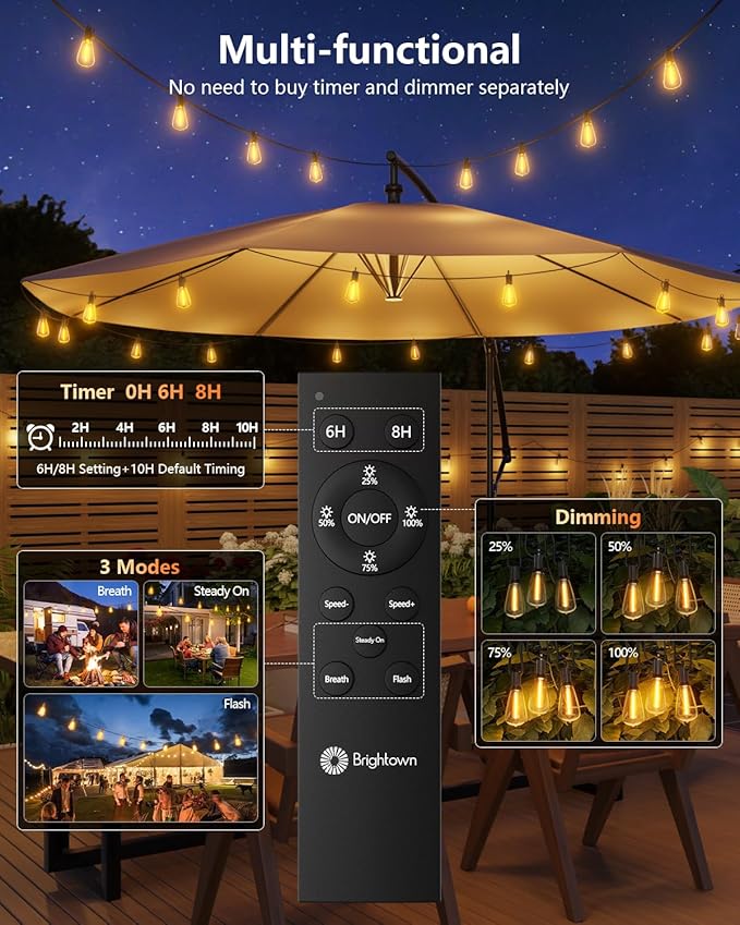 Brightown 58FT Solar String Lights Outdoor Waterproof with Remote, 25+1 LED Shatterproof Bulbs, Dimmable & Timable, 3 Light Modes - Commercial Grade Patio Lights for Garden Backyard Party Decor