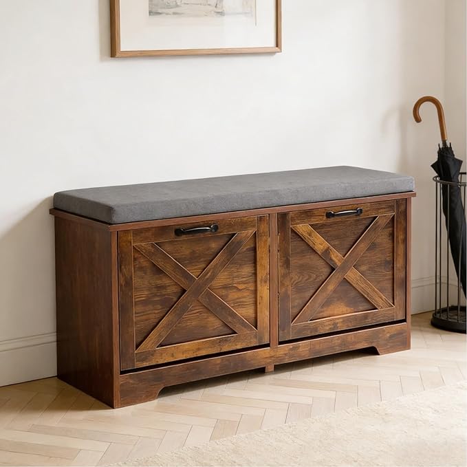 Shoe Storage Bench with 2 Flip Drawers, Entryway Bench with Removable Cushion, Hallway & Mudroom Organizer with Seat, Front Door Shoe Rack Cabinet, Brown