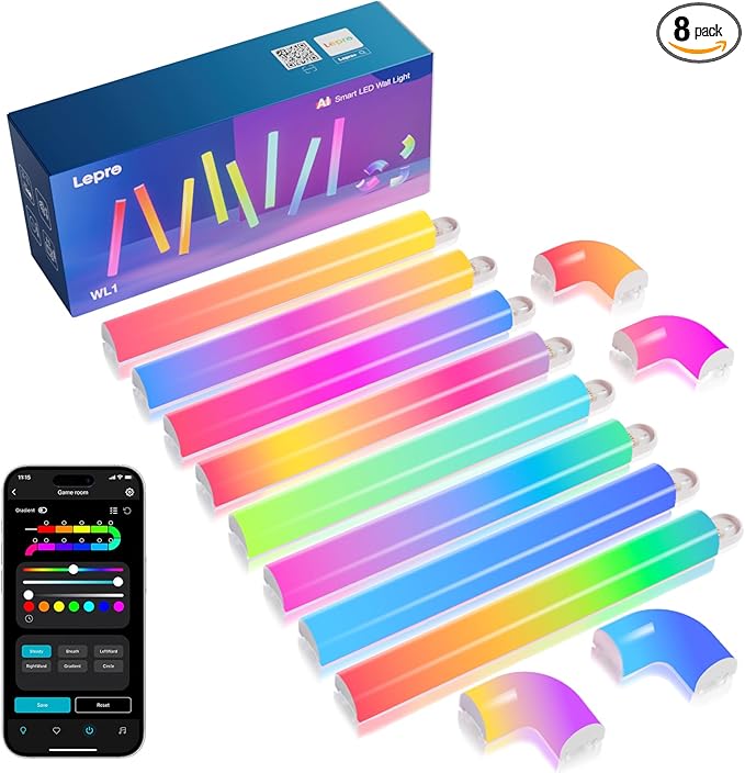 Lepro WL1 AI Smart RGB Wall Lights with LightBeats Music Sync, Personalized AI Lighting Designer, Voice Control Via App, Wi-Fi & Bluetooth LED Light Bars, 8 Pcs with 4 Corners