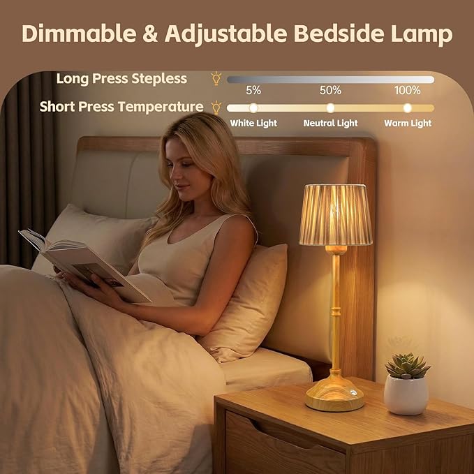 TRRMEZY 17.5" Cordless Touch Bedside Lamp for Bedroom Nightstand Nursery, Battery Operated Rechargeable, 3-Color Dimmable Night Light for Kids Room, Living Room, Desk, End Table, LED Bulb Included