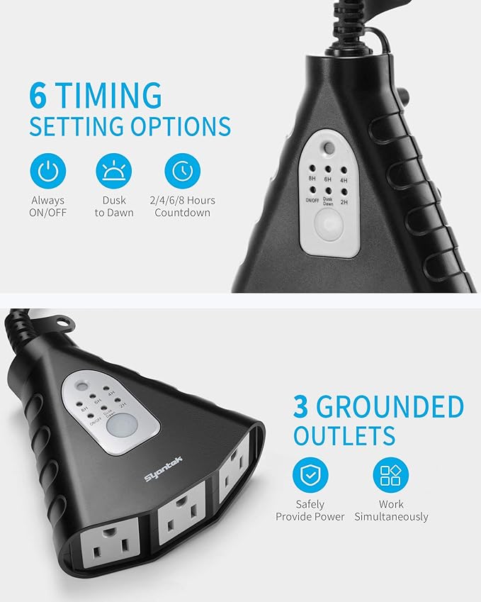 Outdoor Light Timer, Waterproof Outdoor Remote Control Outlets, Dusk to Dawn Light Sensor and Countdown Timer, 100 ft Range Remote Control with 3 Ground Outlets, ETL Listed