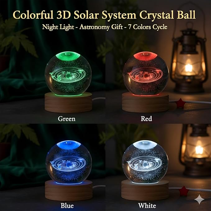Happyhaves Calming Stellar Spheres Crystal Ball Night Light with Wooden Base, 3D Moon and Galaxy Light, Planet Sphere Calming Light for Bedroom Decor and Astronomy Gifts(Galaxy)