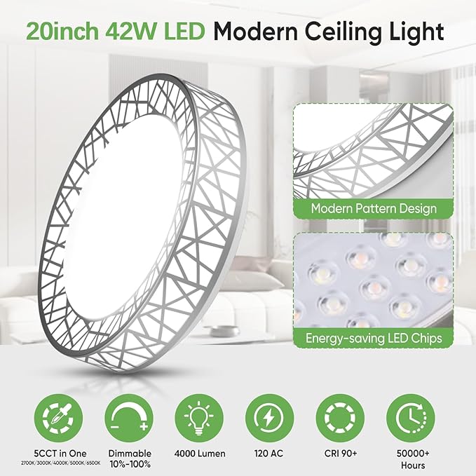 20 Inch Flush Mount Ceiling Light, Modern Brushed Nickel LED Ceiling Light Fixture, 42W 4000LM 2700-6500K Adjustable, Dimmable Ceiling Lights for Bedroom, Kitchen, Hallway, Bathroom, ETL