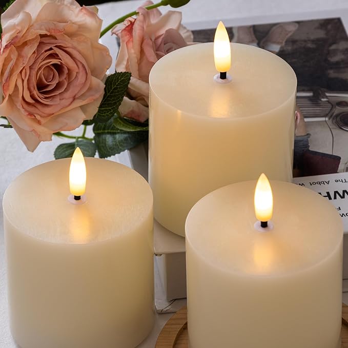 Ivory Flameless Candles Set of 3, 3x3 Real Wax LED Candles with Remote & Timer, Safe Battery Operated Candlelight for Homes with Kids & Pets, Warm Ambient Lighting for Home Decor