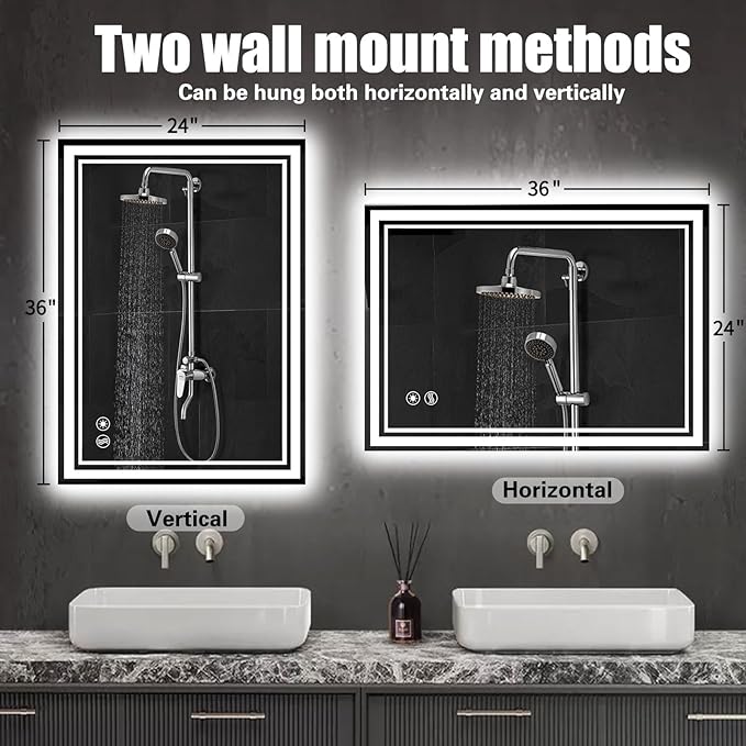 24“ x 36” LED Bathroom Mirror with Lights Front and Backlit Anti-Fog Dimmable 3 Colors LED Mirror for Bathroom Memory Function Smart Mirror Wall Mounted Horizontal/Vertical ETL Listed