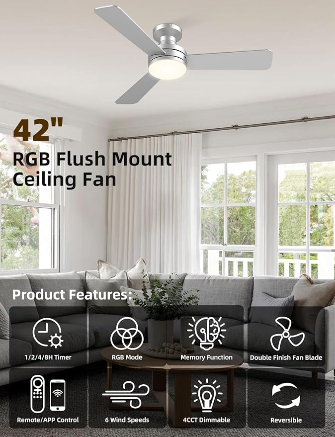 42 inch RGB Ceiling Fan with Light, Smart App & Remote Control Low Profile Flush Mount, Music Sync Lighting, 6-Speed Quiet Reversible DC Motor, 4CCT Dimmable for Home Office Party, Silver