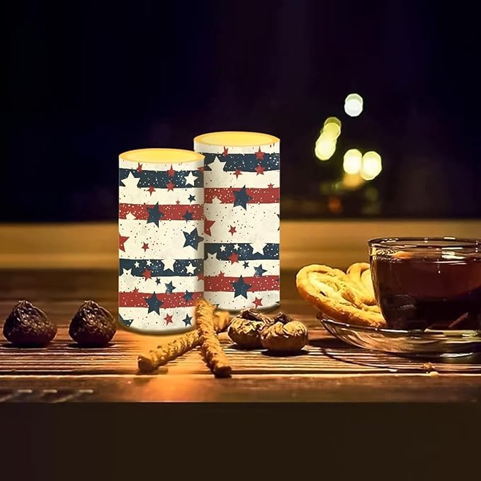 USA Flag Flameless Candles 2 Pack 6 x 3 inch Battery Operated Candles with Multicolor Timer Remote Control LED Fake Candles for Warm Light Dinner Table Home Decor