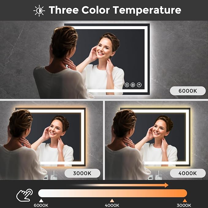 Koonmi 30x48 LED Bathroom Mirror, Backlit + Front Lit, LED Bathroom Mirror with Lights for Wall, 3 Colors, Anti-Fog, Dimmable Brightness, Memory Function, Tempered Glass