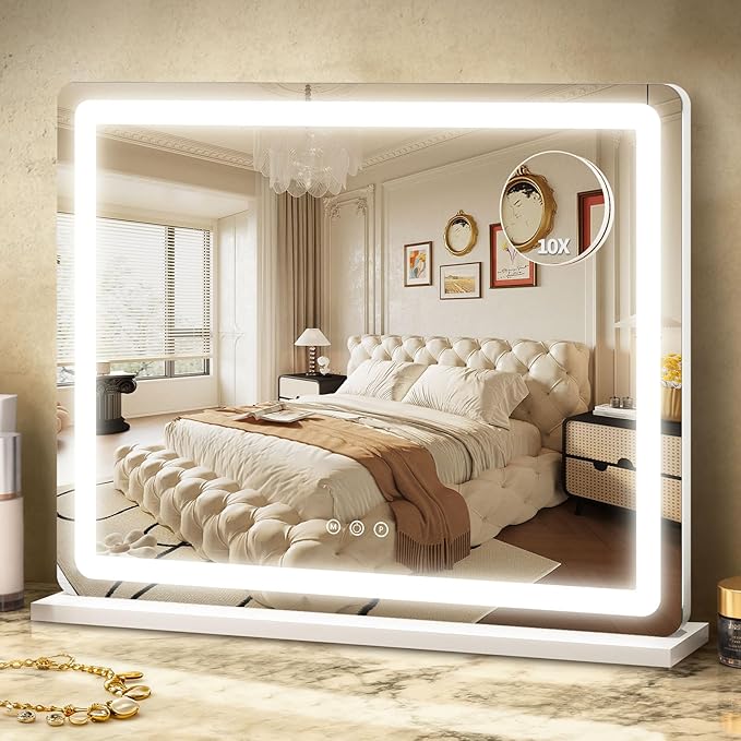 ROLOVE Vanity Mirror with Lights, 23"x18" Large Makeup Mirror with Lights, 10x Magnification, Wall Mounted LED Mirror for Bathroom, Dimmable Touch Control, Desk Mirror
