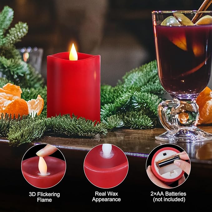 3x4 Flickering Flameless Candles,Real Wax Pillar led Candles Flickering,with Timer,4 inch Flameless Candles with Remote,for Party Wedding Holiday Home Decor,Red