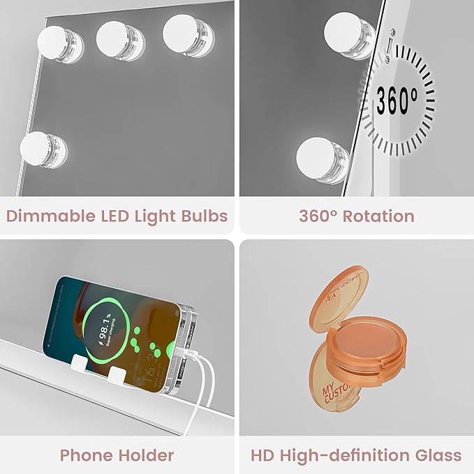 Kottova Vanity Mirror with Lights, LED Makeup Mirror, Lighted Makeup Mirror with 10X Zoom Mirror, Smart Touch 3 Colors Dimmable,360° Rotation,Suitable for Vanity Desk & Tabletop, White(19.6"x15.7")