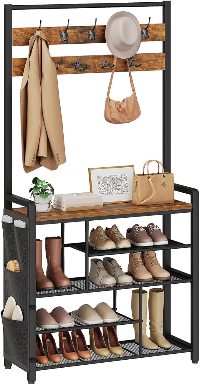 HOOBRO Hall Tree with Bench, Shoe Rack with Coat Rack, Coat Rack with Shoe Storage, 5 Tier Shoe Storage Organizer with Oxford Fabric Side Pockets, Coat and Shoe Rack Entryway, Rustic Brown BF45MT01