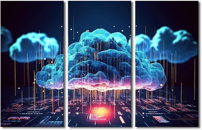 TUMOVO 3 Panel Canvas Wall Art Cloud Networking, Crypto, AI, Firewall Network Security Pictures Print on Canvas Wall Art for Home Decorations, Wooden Framed Ready to Hang, 60" Wx40 H