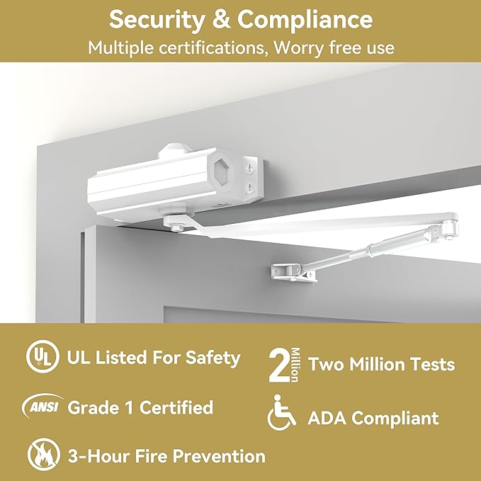 Automatic Door Closer Heavy Duty Spring Size 2 Hydraulic Aluminum Alloy UL 3-Hour Fire Rating Surface Mounted Home Commerical Door Closures Hold Open Adjust Speed Door Weights 88-144 Lbs