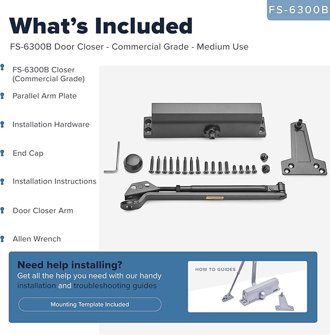 Commercial Door Closer Heavy Duty (Black) - Automatic Door Closer for Commercial Use - Grade 1 Auto Hydraulic Spring Hinge - FS-6300 UL & ADA ANSI A156.4 Grade 1 Door Closers Closure Soft Closing Arm
