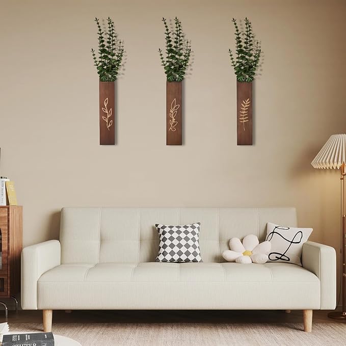 Wooden Wall Planter Set of 3 - Modern Home Decor for Living Room, Bedroom, Bathroom - Dark Brown Finish Planter for Dried Flowers, Faux Greenery, Indoor Plants