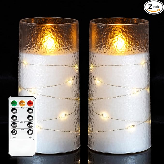 Homemory Upgraded Flameless Candles Flickering with Remote & Timer, 3x6 Inch LED Pillar Candles Battery Operated, Textured Wave Shell with Fairy String Lights, Fake Candle for Wedding, Home Decor