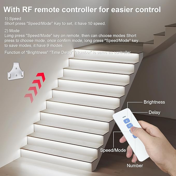Intelligent Motion Sensor LED Stair Light Kit with Main Wire& Daylight Sensor, Step by Step Control 47.2 Inches Cuttable LED Strip Lights Indoor with Remote (16 Stairs,6000K)