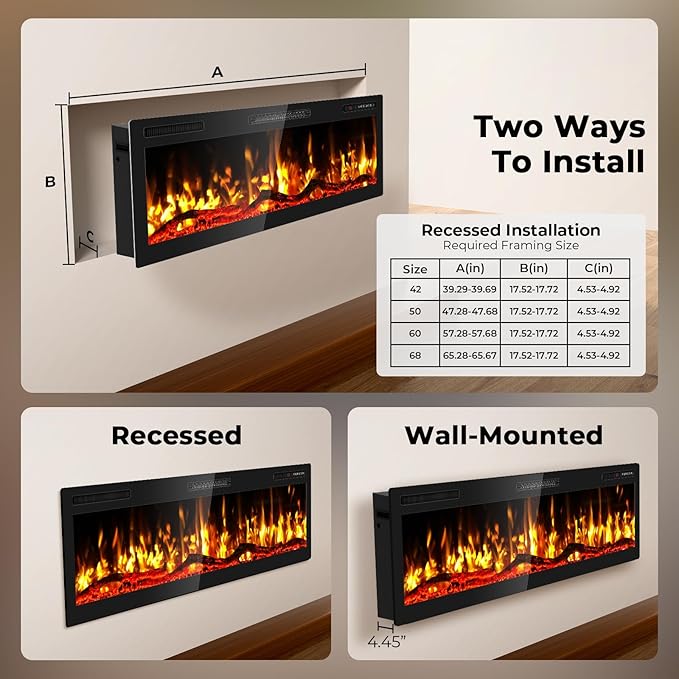 42" Smart WiFi Electric Fireplace with Sound Crackling Narrow Bezel Recessed and Wall Mounted Fireplace Heater with App, Remote Control, Log Flame Option, 750/1500W
