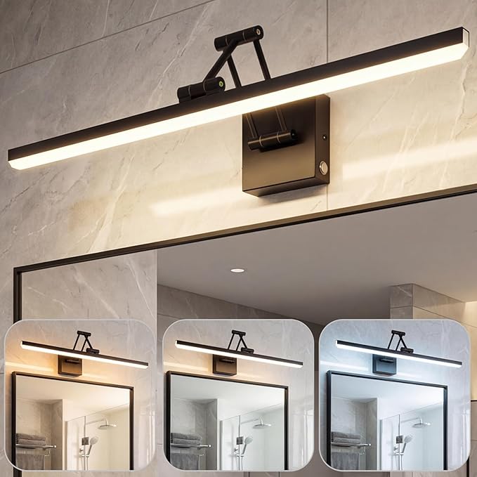 OSYNNIQ Bathroom Vanity Light, 24″ Wall Picture Art Modern Lighting Fixture Over Mirror LED Bar 3 Colors Dimmable Brightness Adjustment Rotatable Black Waterproof IP44 Wall Sconce for Makeup Shaving