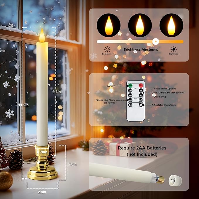 6 Pcs Window Candles with Remote and Timer, White Battery Operated Candlesticks with Gold Holders, LED Christmas Candle for Window Home Xmas Holiday Decor
