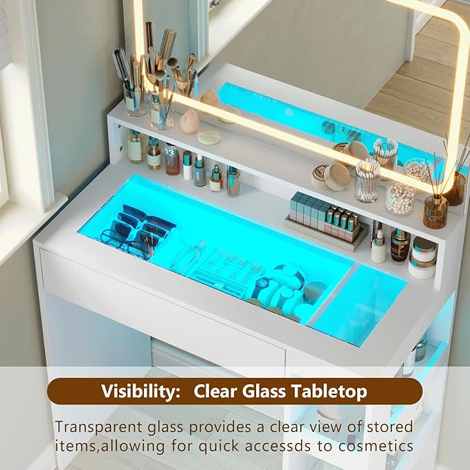 Makeup Vanity Desk with Mirror and Lights, LED Tempered Glass Top, 3 Lighting Modes Brightness Adjustable,Power Outlet,Bedroom Dressing Table, Snow White