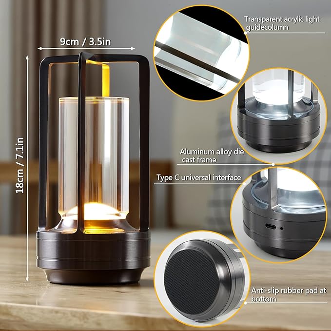 Small Table Lamp, Rechargeable Cordless Battery Operated LED Lamp, 3-Color Temperatures Dimmable Nightstand Lamp for Living Room, Bedroom, Outdoor Battery Powered Portable Touch Lamp (Grey)