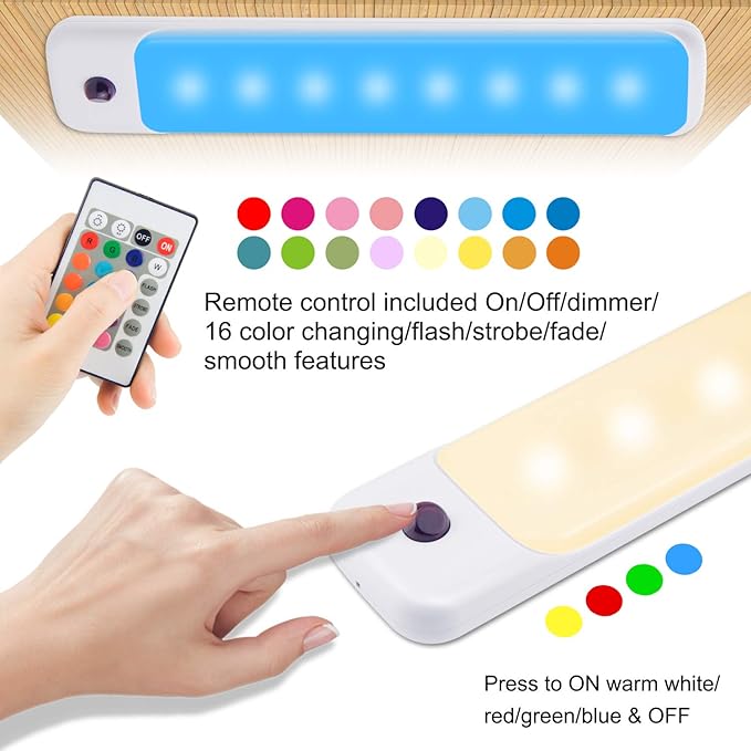 BIGMONAT Battery Operated Under Cabinet Lighting with Remote, Wireless Color Changing Under Counter Light, Stick on RGB Light Bar for Kitchen Bedside Shelf Closet TV Backlight Game