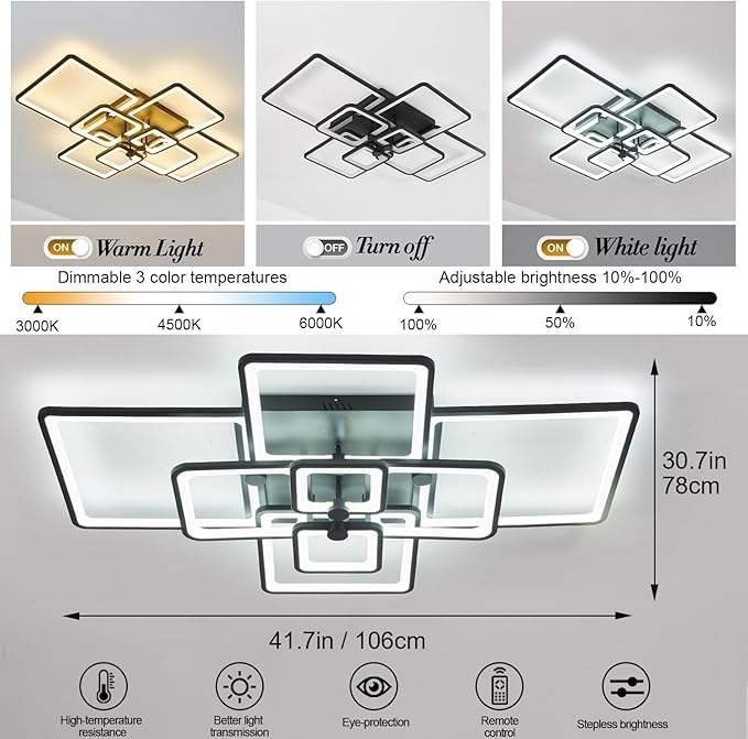 Modern LED Ceiling Lamp, 41.7in Flush Mount for Living Room, Kitchen, Bedroom - Dimmable, 8 Square Frame Acrylic with Remote