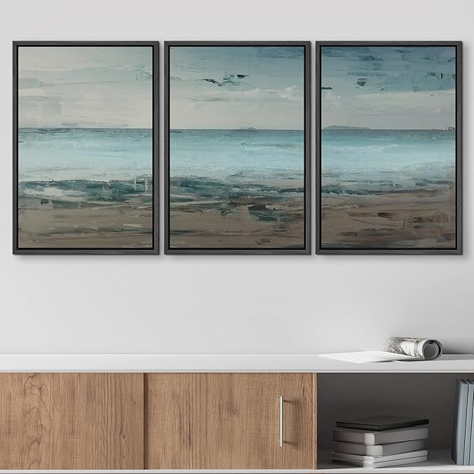 wall26 Framed Canvas Print Wall Art Set Grunge Teal & Brown Beach Shoreline Landscape Geometric Ocean Digital Art Minimalism Nautical Multicolor for Living Room, Bedroom, Office - 16"x24"x3 Black