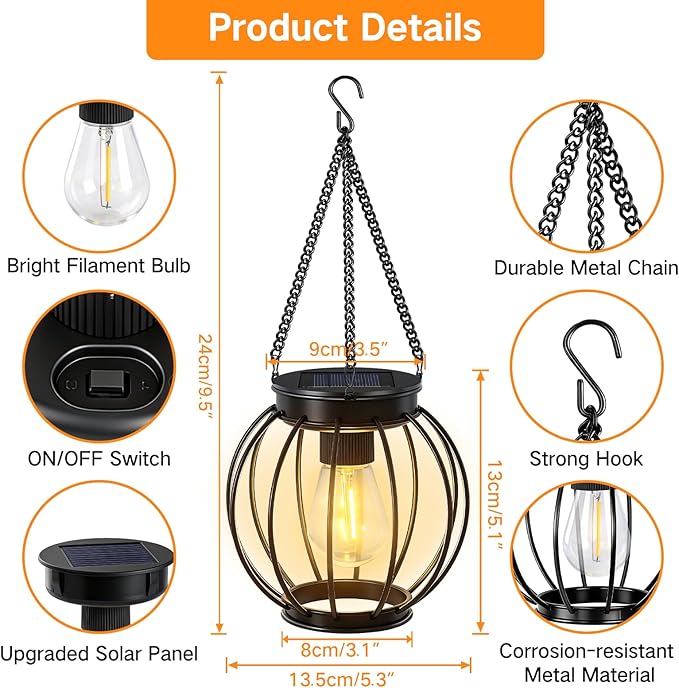 Outdoor Solar Lanterns, Waterproof Metal Hanging Lights with Warm White LED, Auto On/Off, Upgraded Brighter Decorative Lanterns for Garden Patio Yard Porch, Gifts for Women Mom, 2 Pack
