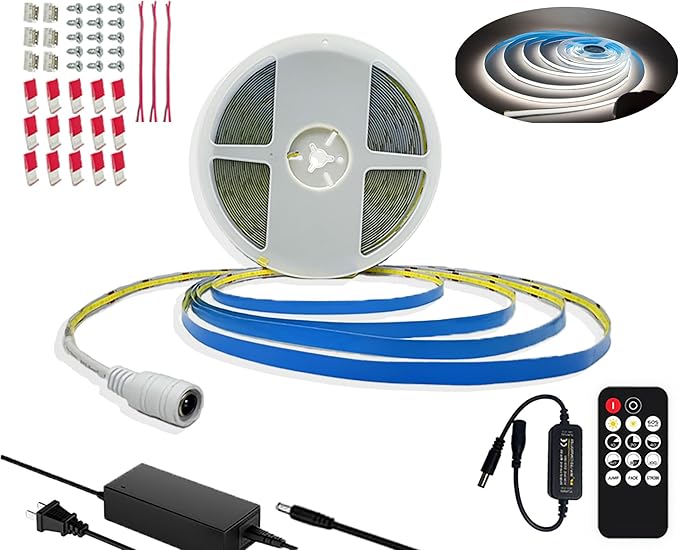 50ft Daylight White 6500K, COB LED Strip Light Kit, Linear Lighting Brightness Dimmble Strip Light ETL Listed with Remote for Bedroom Wall Cabinet Mirror Stair (AC/DC Adapter Included)