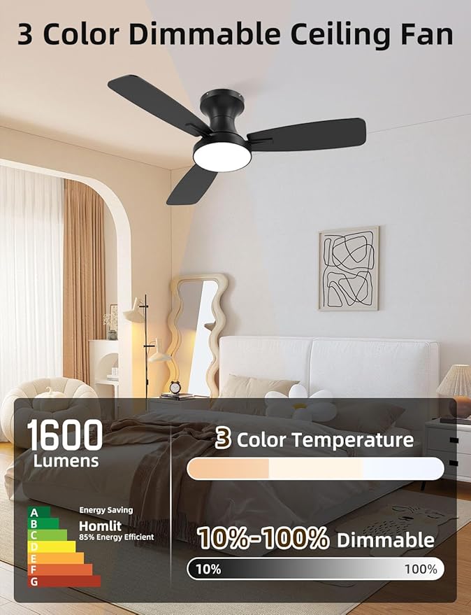 42 inch Smart Ceiling Fan with Light, Low Profile Flush Mount with Remote Control, Ultra-Quiet Reversible DC Motor, 3 Color Temperatures & 6 Speed Dimmable Lighting for Bedroom, Black