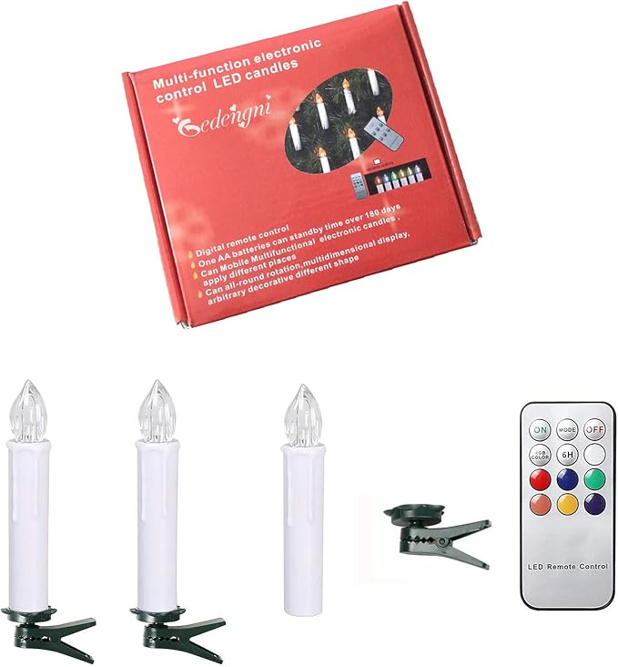 Colorful LED Candle Battery Candlesticks 10pcs Remote Taper Candle LED Chandelier Flameless Candle Sticks with Clip for Christmas Tree Weddings Vigil and Menorah (4'', Ivory),Pack of 10