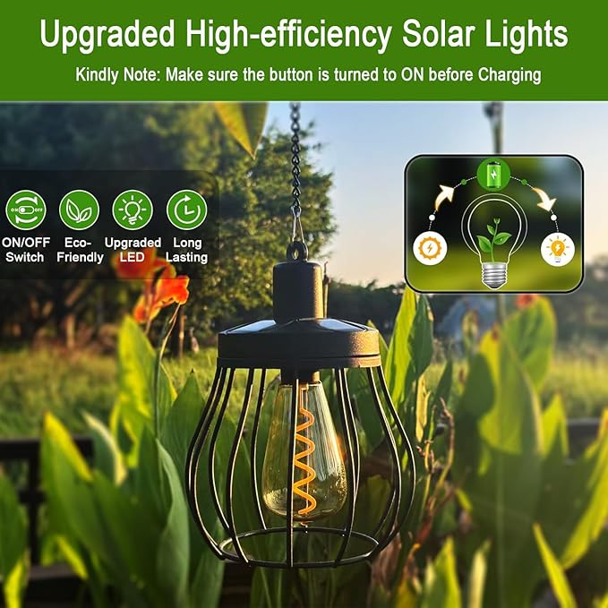 Solar Lantern Outdoor Hanging Lights Upgraded Edison Bulb Design Waterproof LED Lighting Metal Solar Powered Lanterns for Women Mom Grandma for Yard Garden Decor Gifts