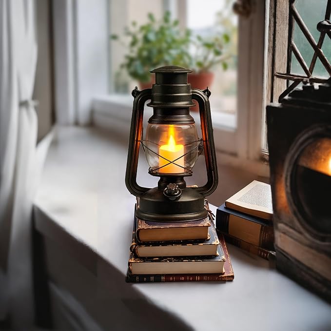 2-Pack Vintage LED Lanterns with Moving Flame Flickering- 9.5" Decorative Flameless Battery Operated Lamps with Timer for Outdoor Garden, Patio & Indoor Decor - Bronze