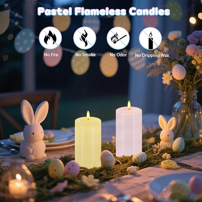 Pastel Flameless Candles, Set of 2 6"x3" Flickering Spring LED Candles with Remote & Timer, Dimmable Real Wax Easter Pillar Candles Battery Operated, Electric Candles for Home Spring Easter Decor