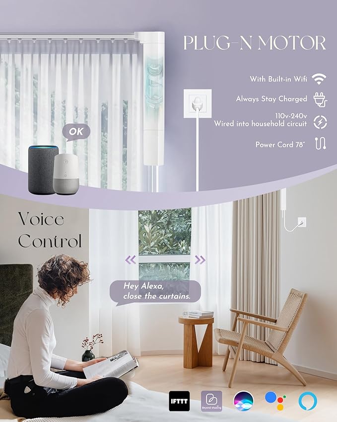 Graywind Smart Curtain Track Retractable Motorized Curtain Rail Compatible with Alexa Google Easy to Control by Voice, App, Remote (70" to 118" Width)