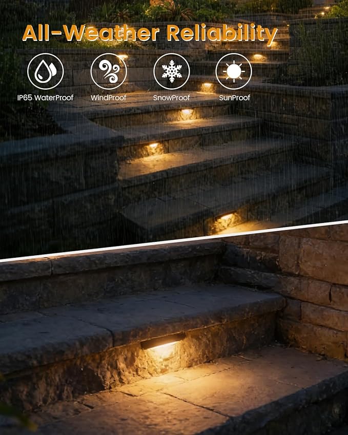 6-Pack Low Voltage LED Step Lights (5.51×3.11×0.93 in) - 3.3W Die-Cast Aluminum Stair Lighting with Patent Connector, Wet Location Safe Outdoor Steps