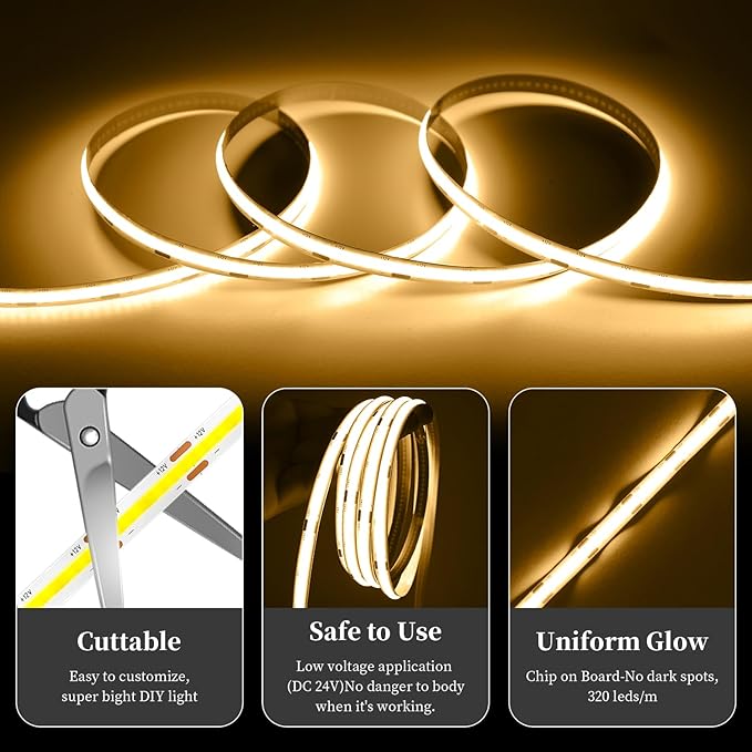 iNextStation 32.8ft/10M Warm White COB LED Light Strip, DC24V CRI 93+ Strip Lights, 3000K Color Temperature LED Lights, 8mm Width LED Tape Lights, Dimmable COB Strip Light for TV Backlight(with Plug)