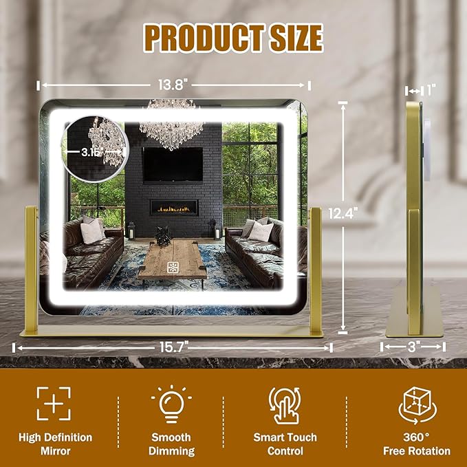 Rechargeable Vanity Mirror with Lights, 3000mAH Battery, 16"×12.4" LED Makeup Mirror, 10X Magnification, Smart Touch with 3-Color Lighting, 360° Rotation, Lighted Up for Makeup Desk, Bedroom (Gold)