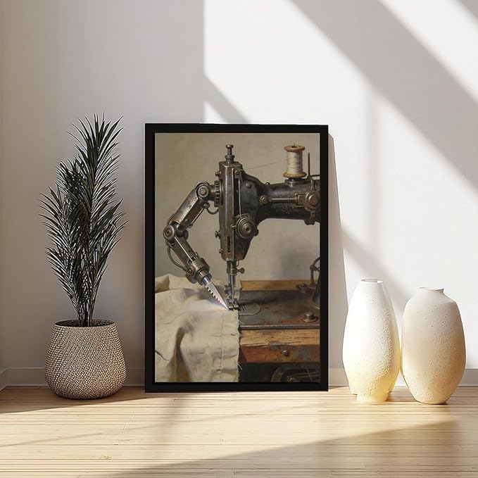 Framed Steampunk Mechanical Sewing Machine Wall Art - Retro Industrial Workshop Poster for Home Office Studio Decor 24x36in
