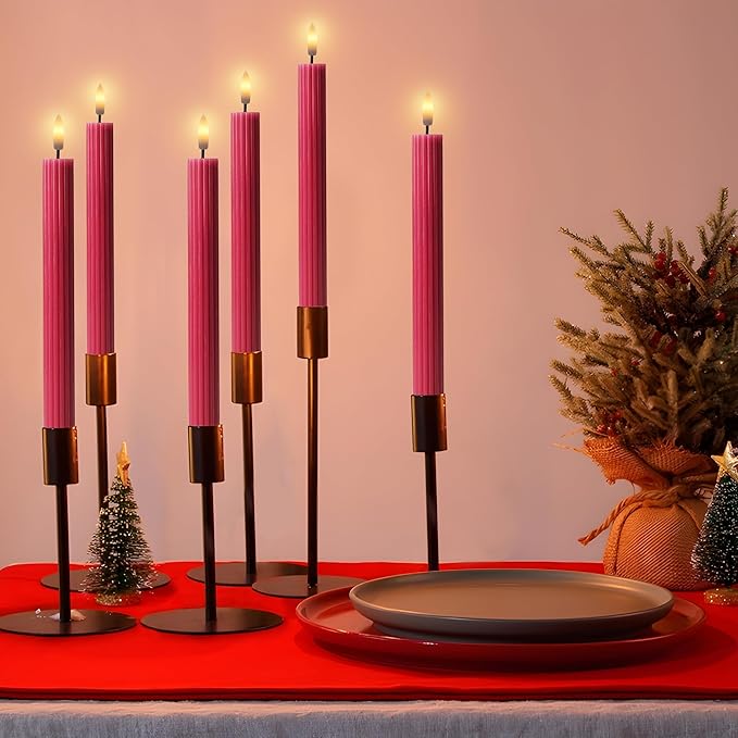 6 Pack, 10" LED Flameless Pink Ribbed Taper Candles w/Remote Controller, On/Off Button, Dimmable, Flicker/Static Mode, Battery Operated, Holiday Christmas Menorah Home Wedding Decor