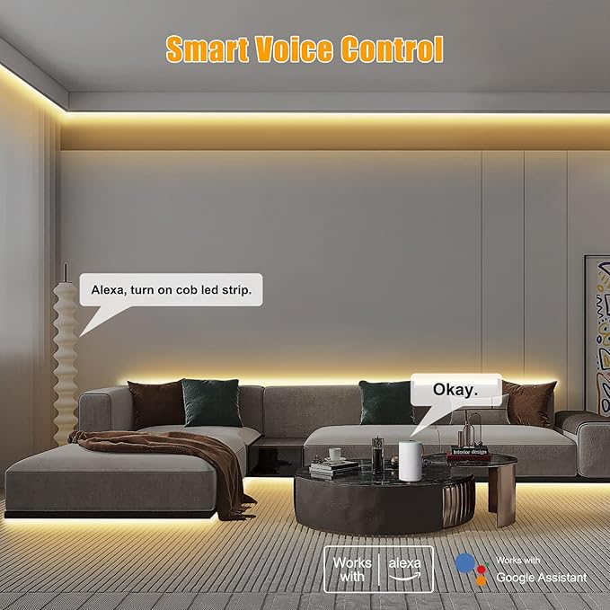 4.92ft Tunable White Smart COB Led Strip Light Kit, CCT 2700K-6500K Bright COB Led Tape Light Compatible with Alexa and Google, Dimmable Indoor COB Led Ribbon for Kitchen Cabinet, Room, TV