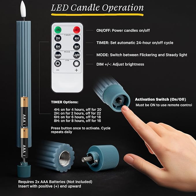WYZworks 10" Fluted Ribbed LED Blue Grooved Pillar Candles with 2 Remotes & 24h Timer Memory, On/Off Switch - Flameless Dimmable Battery Operated w/Flicker Mode, Home Wedding Decor (12 Pack)