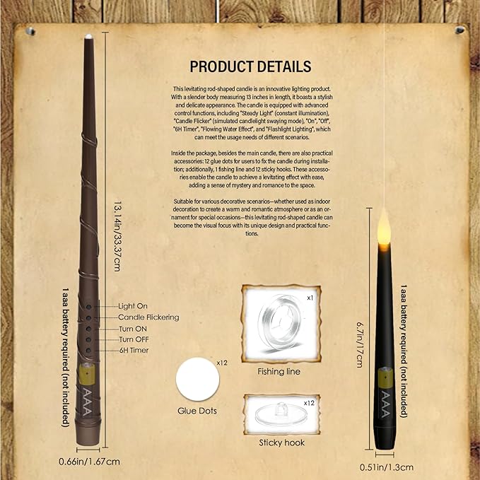 Flameless Floating Candles with Wand，12 Pcs Magic LED Hanging Taper Candles，Flickering Battery Operated Taper Candle with Wand Remote for Halloween Decorations Best Gift（Black）