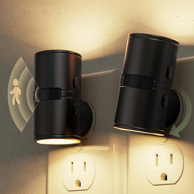 L LOHAS LED Motion Sensor Night Light, Mini Motion Activated Night Lights Plug into Wall, Rotating Motion Sensor Light Indoor, Amber-3000K-5000K, 10%-50%-100% Lumen, Hallway Bedroom Stairway, 2 Pack